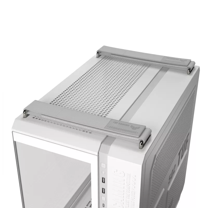 Caja de PC ASUS TUF GAMING GT502 Horizon TG ARGB Blanca — Semitorre, ATX, cristal templado, 4 bahías de 3,5 pulgadas, GPU máx. 400 mm