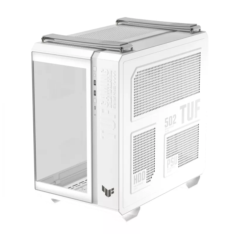 Caja de PC ASUS TUF GAMING GT502 Horizon TG ARGB Blanca — Semitorre, ATX, cristal templado, 4 bahías de 3,5 pulgadas, GPU máx. 400 mm