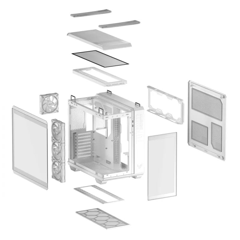 Caja de PC ASUS TUF GAMING GT502 Horizon TG ARGB Blanca — Semitorre, ATX, cristal templado, 4 bahías de 3,5 pulgadas, GPU máx. 400 mm