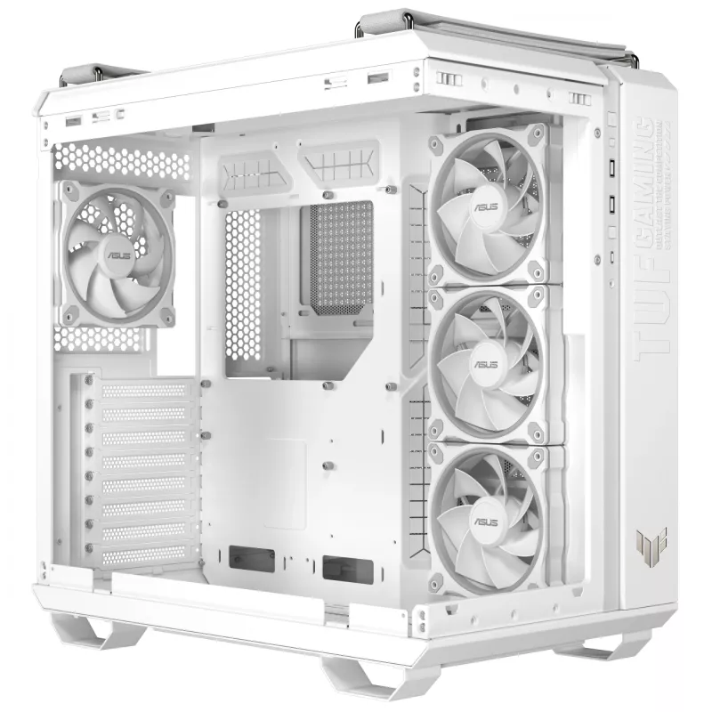 Caja de PC ASUS TUF GAMING GT502 Horizon TG ARGB Blanca — Semitorre, ATX, cristal templado, 4 bahías de 3,5 pulgadas, GPU máx. 400 mm