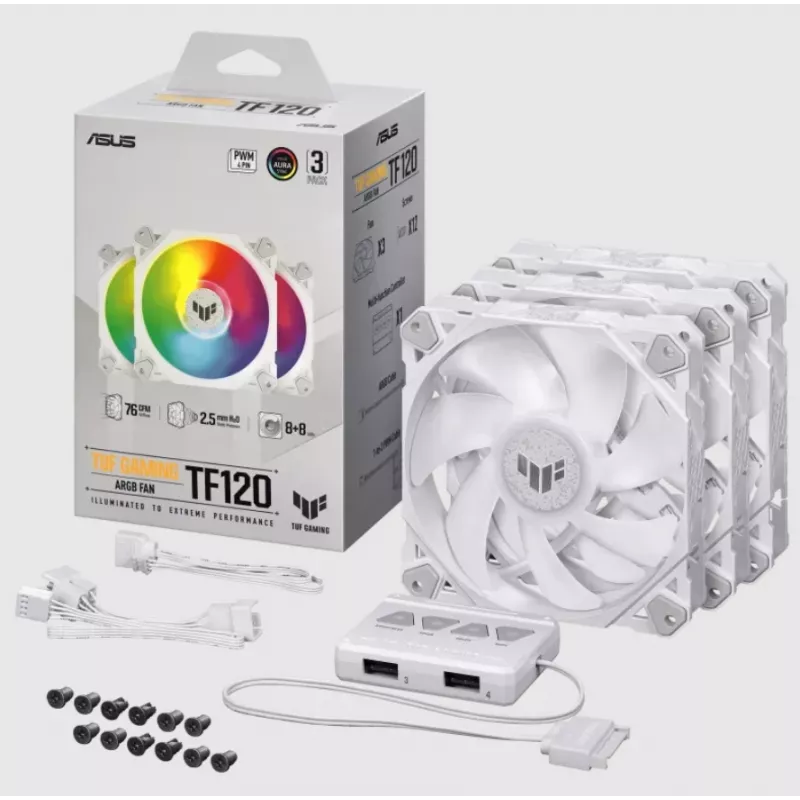 Ventilador de CPU ASUS TUF GAMING TF120 ARGB WHITE EDITION — 3 ventiladores de 120 mm, 1900 RPM, 29 dB, mando a distancia