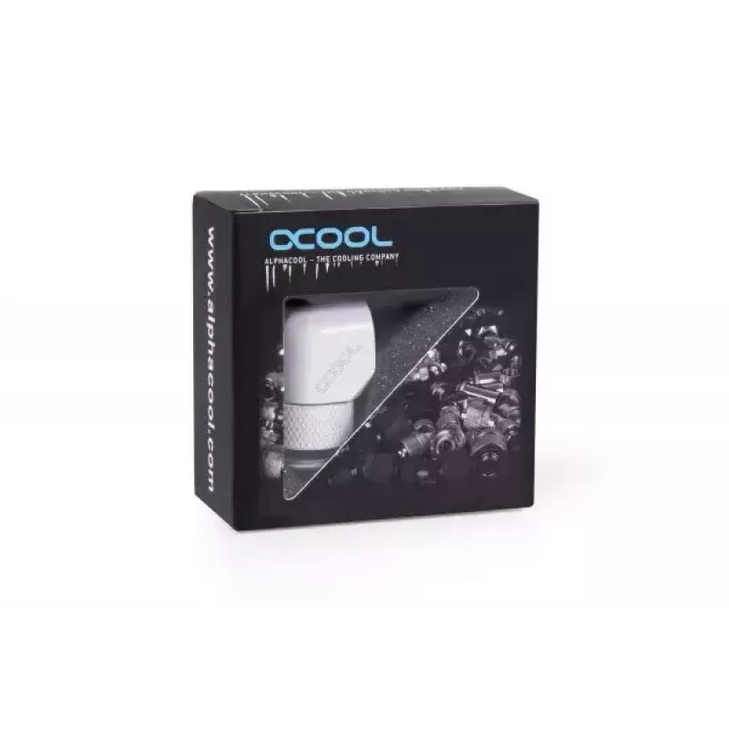 Set de montaje Alphacool Eiszapfen Conector en L giratorio G1/4 rosca macho a G1/4 rosca hembra blanco