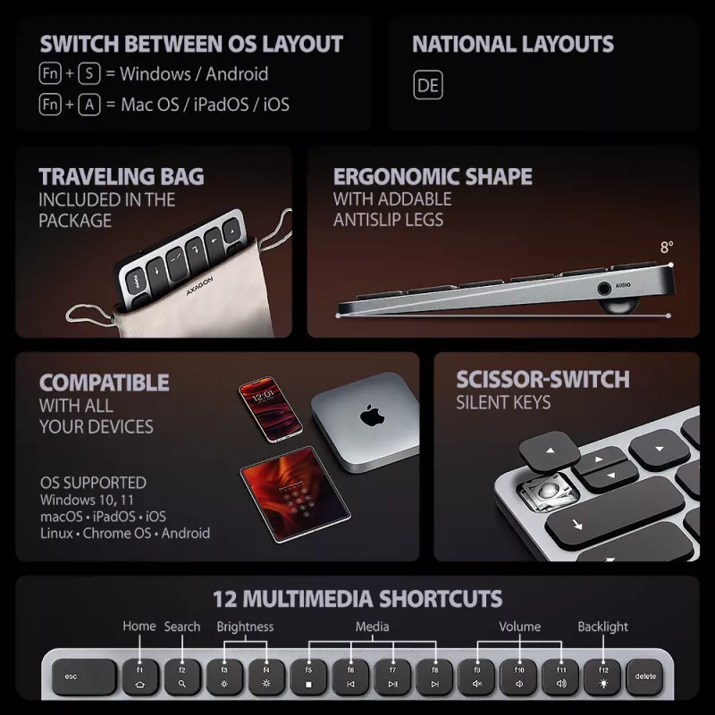 Axagon HMC-KB-GE, hub USB 5Gbps con teclado, HDMI 4K/60Hz, 3x USB-A, SD/mSD, audio, PD 100, distribución alemana