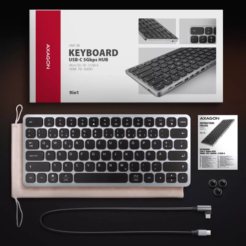 Axagon HMC-KB-GE, hub USB 5Gbps con teclado, HDMI 4K/60Hz, 3x USB-A, SD/mSD, audio, PD 100, distribución alemana