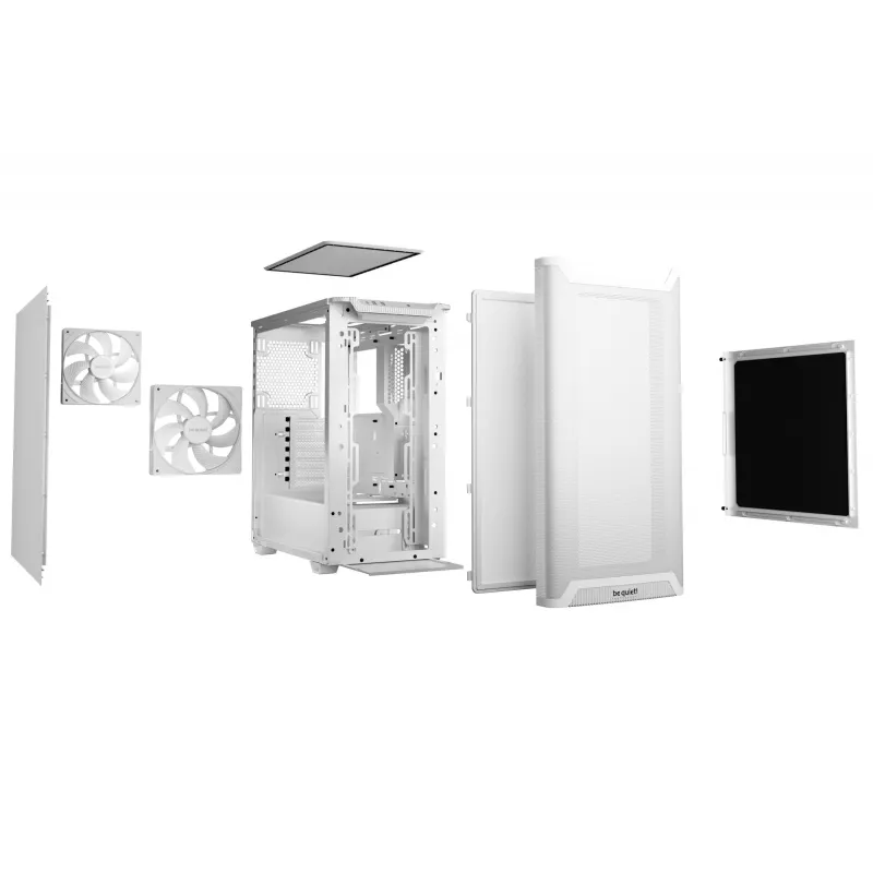 Caja de PC be quiet! PURE BASE 501 Airflow Midi Tower blanca — ATX, 3×140mm delante, 1×140 mm detrás, 5×2,5 pulgadas, 2×3,5 pulgadas, USB‑C, soporte PWM