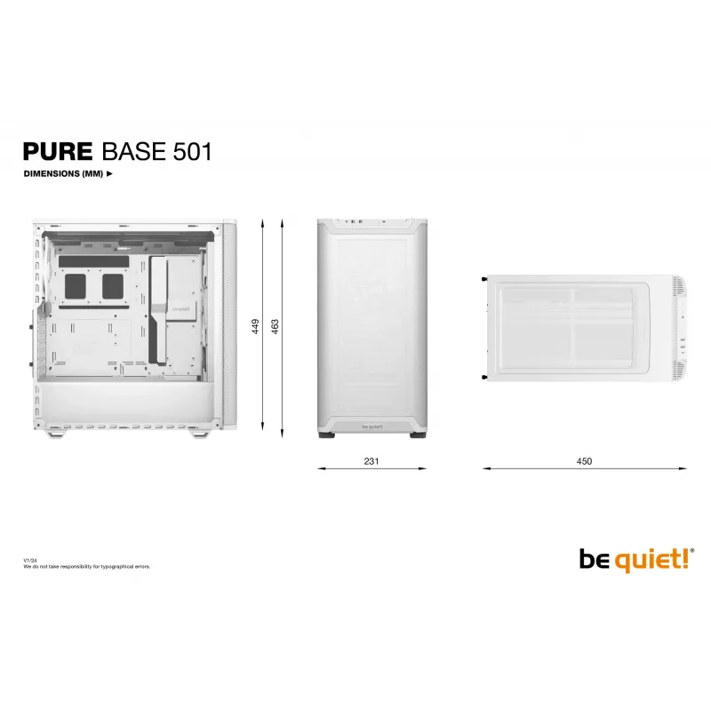 Caja de PC be quiet! PURE BASE 501 Airflow Midi Tower blanca — ATX, 3×140mm delante, 1×140 mm detrás, 5×2,5 pulgadas, 2×3,5 pulgadas, USB‑C, soporte PWM