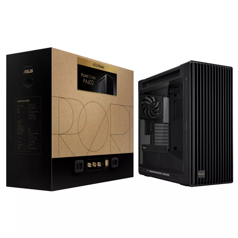 Caja de PC ASUS ProArt PA602 Midi Tower Negro – compatible con ATX/EATX, cristal templado, 2 ventiladores frontales de 200 mm, radiador superior de 360 mm, GPU hasta 450 mm