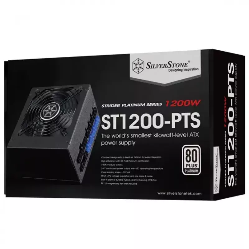 Fuente de alimentación SILVERSTONE ST1200-PTS 1200 W 80 PLUS Platinum, 20+4-Pin ATX, ventilador de 120 mm, negro