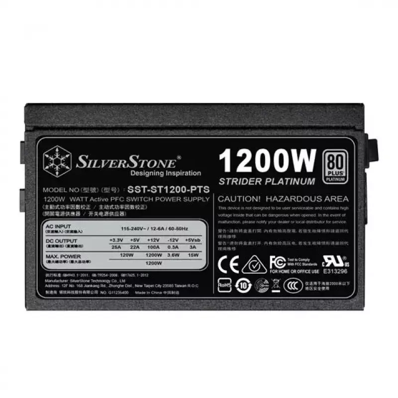 Fuente de alimentación SILVERSTONE ST1200-PTS 1200 W 80 PLUS Platinum, 20+4-Pin ATX, ventilador de 120 mm, negro