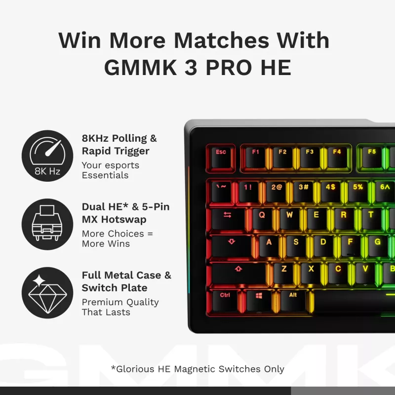 Glorious GMMK 3 Pro HE teclado gaming inalámbrico 75 %, premontado, interruptores Fox HE, ANSI US, negro