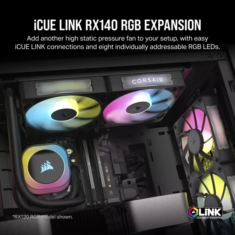 Ventilador Corsair iCUE LINK RX140 RGB, 14 cm, negro, 300–1700 rpm, rodamiento magnético