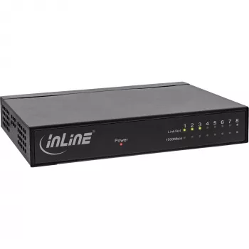 Switch de red InLine 8 puertos, 1 Gbit/s, sobremesa, metal, sin ventilador, puertos apantallados