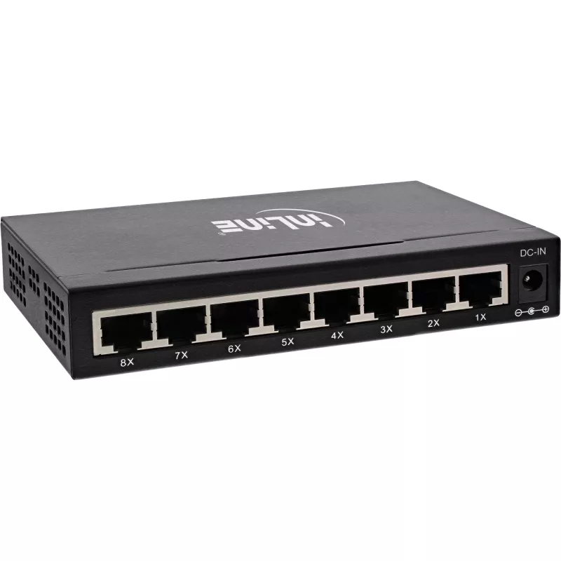 Switch de red InLine 8 puertos, 1 Gbit/s, sobremesa, metal, sin ventilador, puertos apantallados