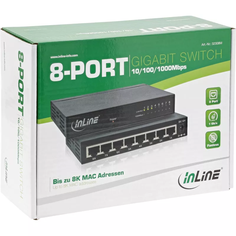 Switch de red InLine 8 puertos, 1 Gbit/s, sobremesa, metal, sin ventilador, puertos apantallados