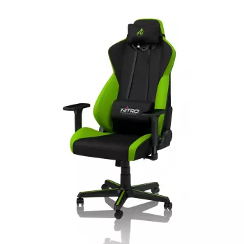 Silla gaming Nitro Concepts S300 — asiento de tela, altura ajustable 128–140 cm, ancho de respaldo 56 cm, negro/verde