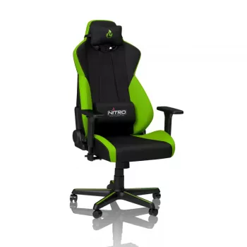 Silla gaming Nitro Concepts S300 — asiento de tela, altura ajustable 128–140 cm, ancho de respaldo 56 cm, negro/verde