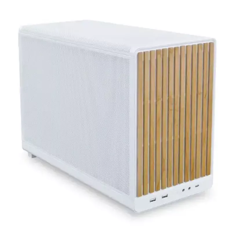 Caja de PC Lian Li A3-mATX Micro Tower blanca con detalles en madera — compatible con Micro-ATX/Mini-ITX, fuentes ATX/SFX/SFX-L