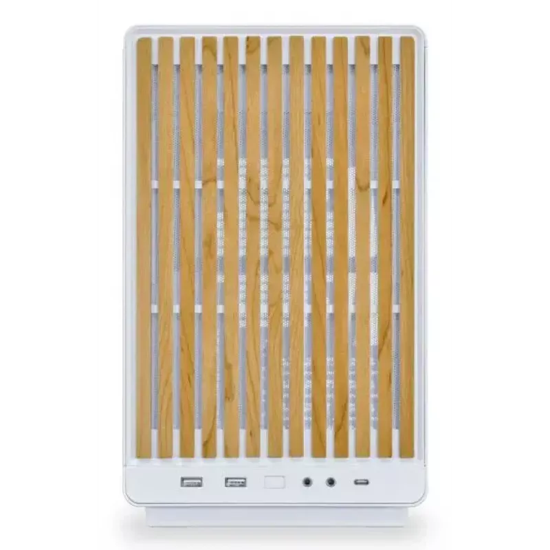 Caja de PC Lian Li A3-mATX Micro Tower blanca con detalles en madera — compatible con Micro-ATX/Mini-ITX, fuentes ATX/SFX/SFX-L