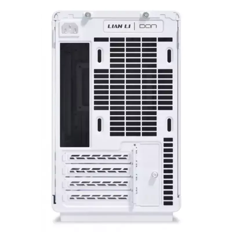 Caja de PC Lian Li A3-mATX Micro Tower blanca con detalles en madera — compatible con Micro-ATX/Mini-ITX, fuentes ATX/SFX/SFX-L