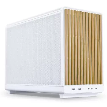 Caja de PC Lian Li A3-mATX Micro Tower blanca con detalles en madera — compatible con Micro-ATX/Mini-ITX, fuentes ATX/SFX/SFX-L