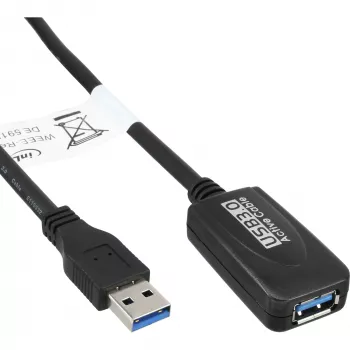 Cable repetidor activo InLine USB3.2 Gen.1 Type-A conector macho / conector hembra, negro, 5m