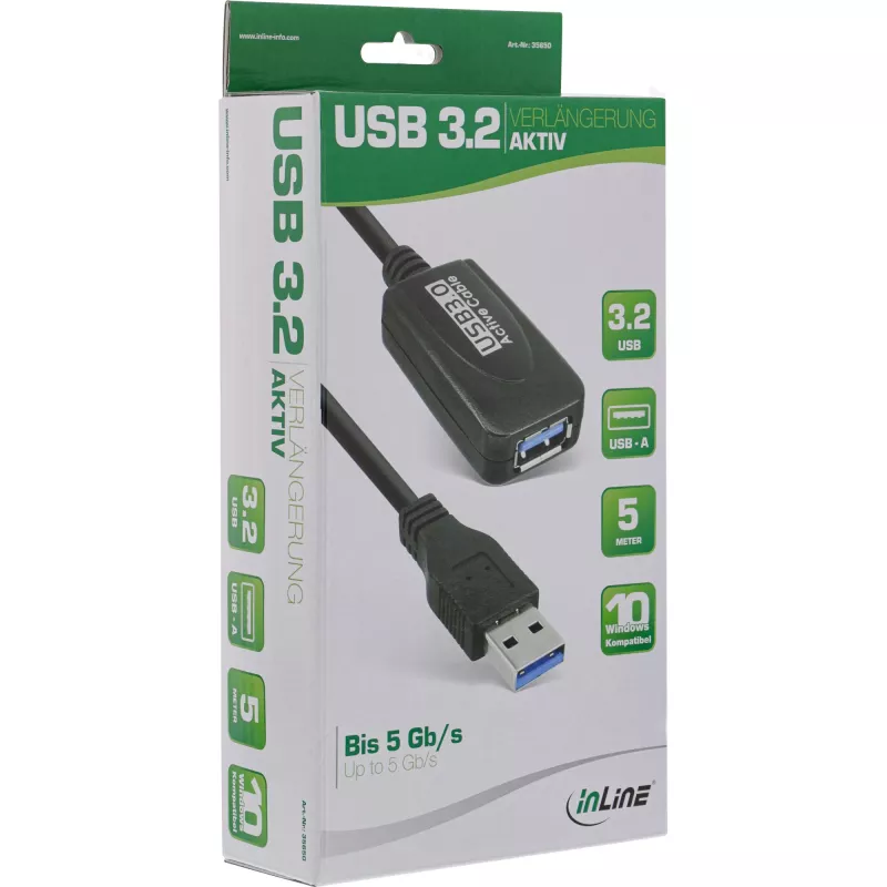 Cable repetidor activo InLine USB3.2 Gen.1 Type-A conector macho / conector hembra, negro, 5m