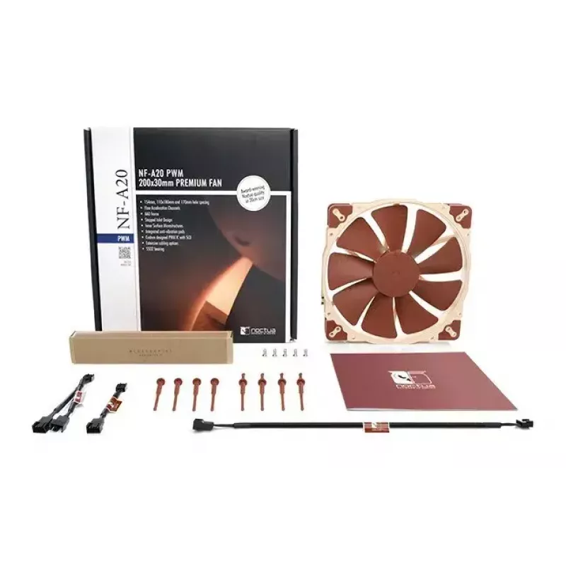 Ventilador de caja de ordenador Noctua NF-A20 PWM 200 mm, 4-Pin PWM, 350–800 rpm, 146,9 m³/h, rodamiento SSO