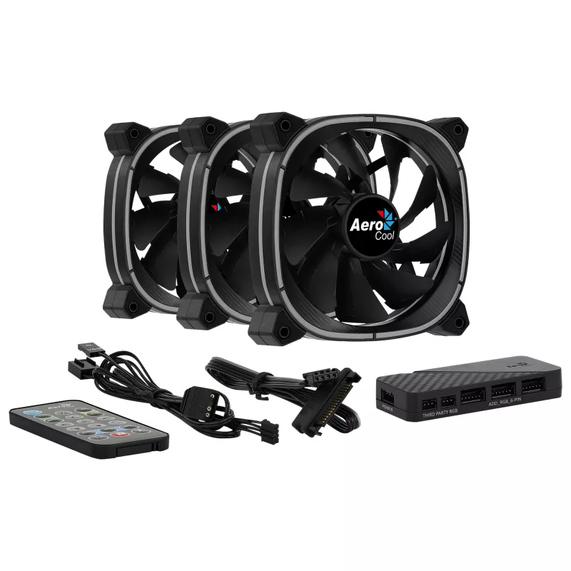 Aerocool ASTRO12PRO Kit 3 ventiladores PC 12 cm LED RGB antivibración mando a distancia
