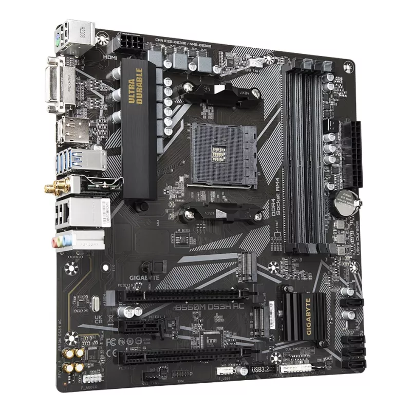 Placa base GIGABYTE B550M DS3H AC - CPUs AMD Ryzen 5000, VRM 5+3 fases, hasta 4733 MHz DDR4, 1xPCIe 4.0 + 1xPCIe 3.0 M.2, Wi-Fi 5, 1 GbE LAN, USB 3.2 Gen 1