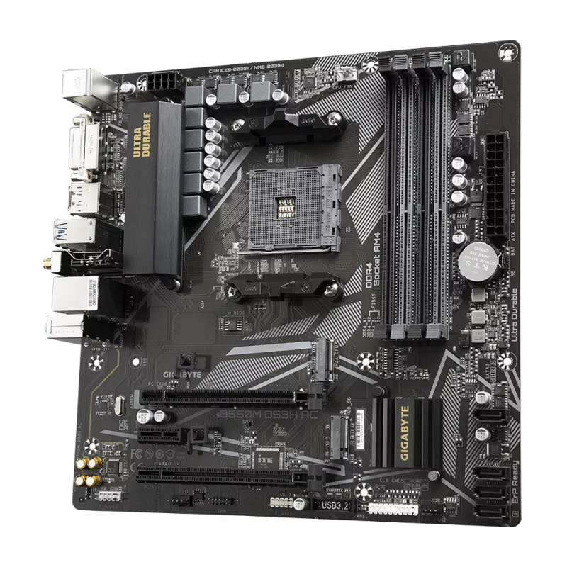 Placa base GIGABYTE B550M DS3H AC - CPUs AMD Ryzen 5000, VRM 5+3 fases, hasta 4733 MHz DDR4, 1xPCIe 4.0 + 1xPCIe 3.0 M.2, Wi-Fi 5, 1 GbE LAN, USB 3.2 Gen 1