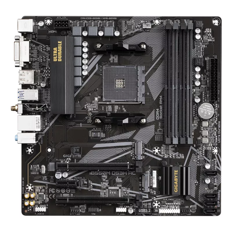 Placa base GIGABYTE B550M DS3H AC - CPUs AMD Ryzen 5000, VRM 5+3 fases, hasta 4733 MHz DDR4, 1xPCIe 4.0 + 1xPCIe 3.0 M.2, Wi-Fi 5, 1 GbE LAN, USB 3.2 Gen 1