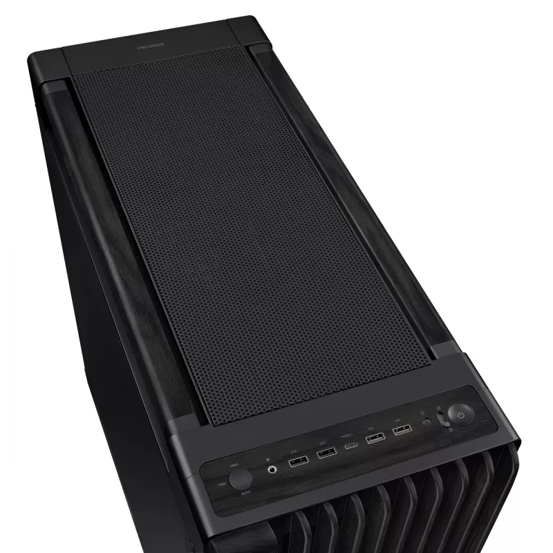 ASUS ProArt PA602 Wood Edition caja de PC Midi Tower, E-ATX, tarjeta gráfica de hasta 450 mm, disipador de CPU de hasta 190 mm, 4 × 3,5" + 4 × 2,5" bahías, USB-C, negra