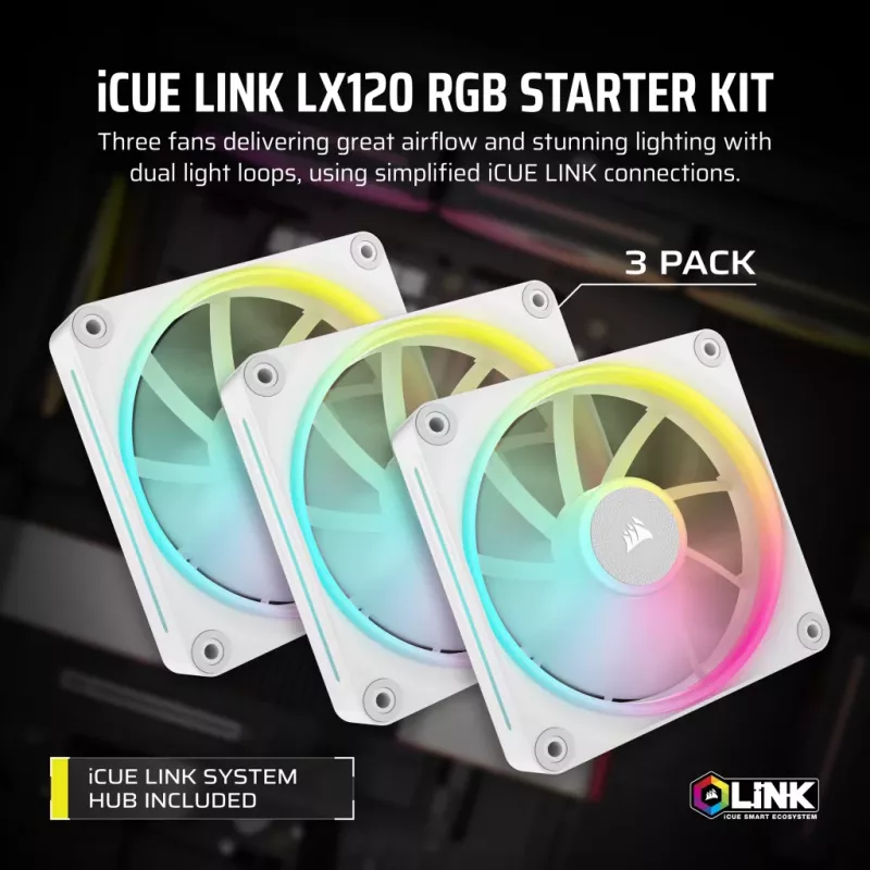 Kit de inicio de ventiladores CORSAIR iCue Link Lx120 RGB 120 mm PWM - blanco