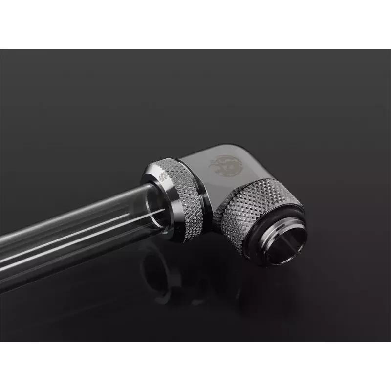 Conector para refrigeración líquida BitsPower BP-E90RML — rótula giratoria de 90° de latón, rosca de 1/4 de pulgada, plata