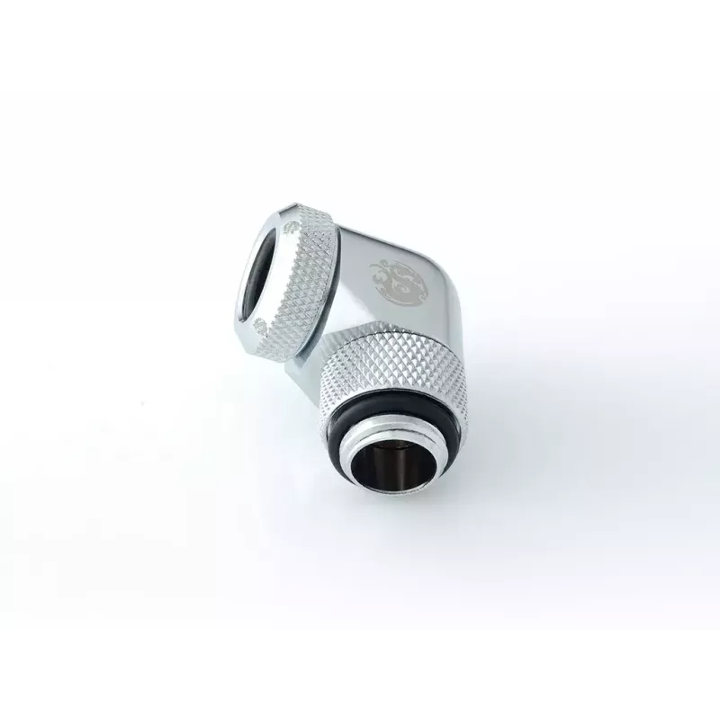 Conector para refrigeración líquida BitsPower BP-E90RML — rótula giratoria de 90° de latón, rosca de 1/4 de pulgada, plata
