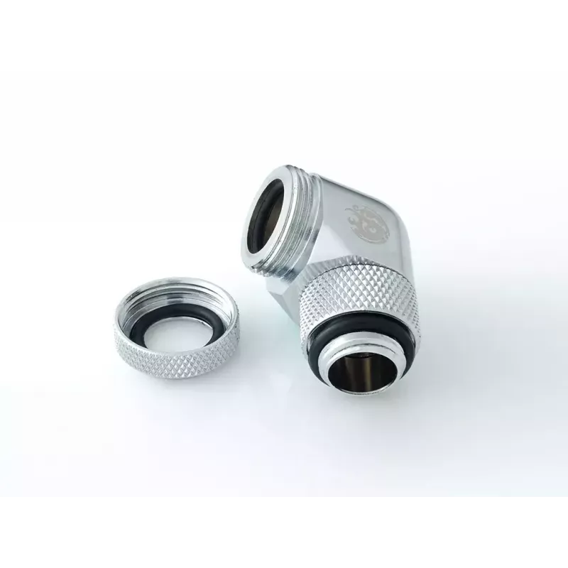 Conector para refrigeración líquida BitsPower BP-E90RML — rótula giratoria de 90° de latón, rosca de 1/4 de pulgada, plata