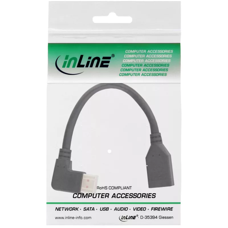 Cable adaptador DisplayPort 1.4 InLine macho/hembra, 8K4K, acodado a la izquierda, negro/dorado, 0,15m