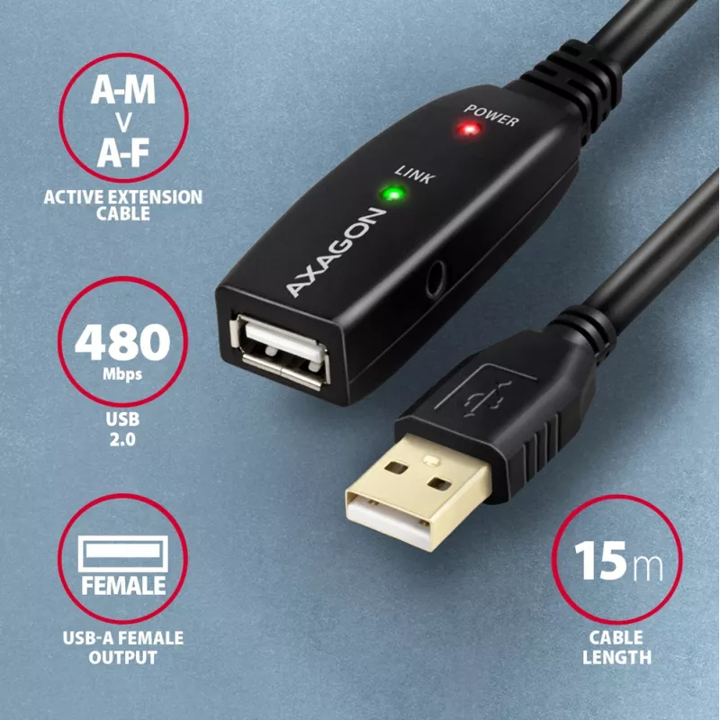Cable alargador/repetidor activo Axagon ADR-215 USB 2.0 A macho -> A hembra 15 m