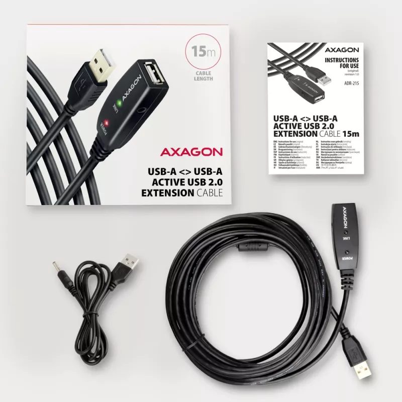 Cable alargador/repetidor activo Axagon ADR-215 USB 2.0 A macho -> A hembra 15 m