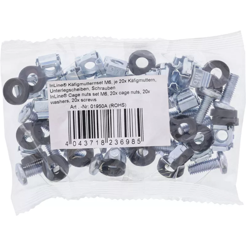 Set de tuercas de jaula InLine M6 20 tuercas de jaula + 20 arandelas + 20 tornillos