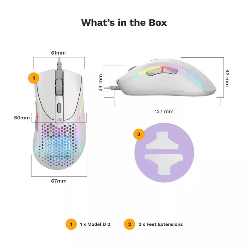 Ratón Glorious Gaming Glorious Model D 2 Wired - blanco mate, diestro, óptico, USB Type-A, 26000 DPI, blanco