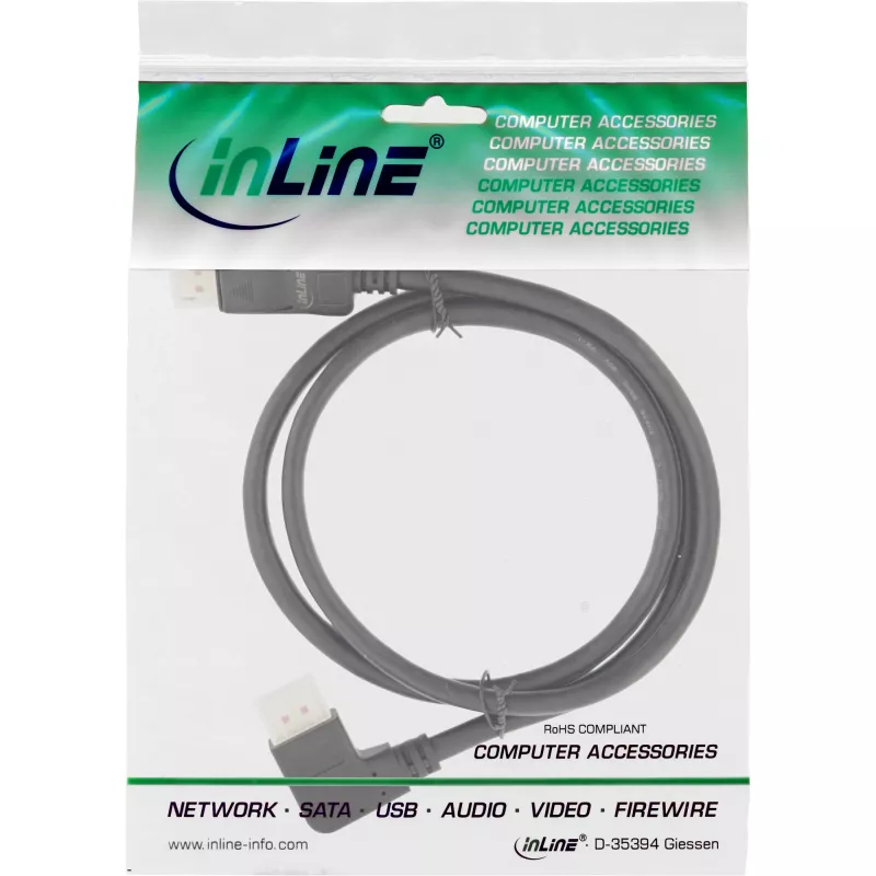 Cable DisplayPort 1.4 InLine, 8K4K, acodado a la izquierda, negro/dorado, 3 m