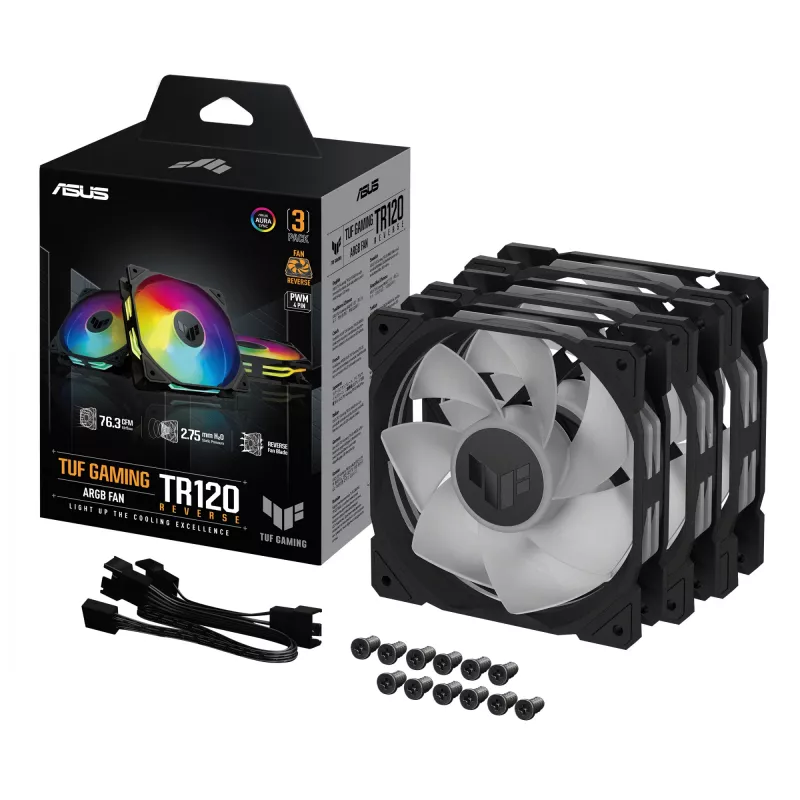 Ventiladores de caja ASUS TUF Gaming TR120 ARGB Reverse 90DA00D0-B09020 (3 uds.), 120 mm, PWM, rodamiento hidráulico, negros