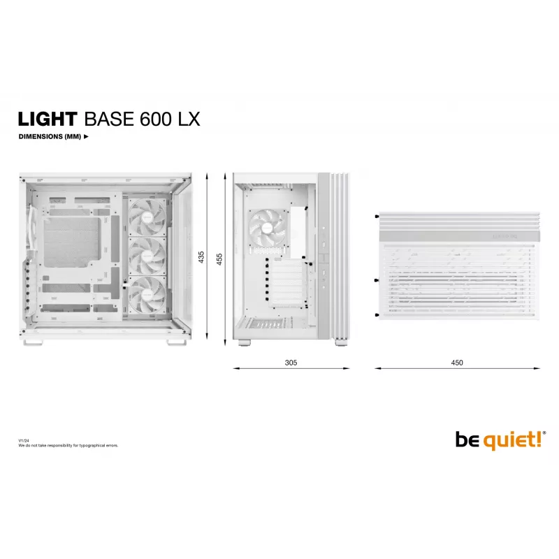 be quiet! Light Base 600 LX BGW68 caja de PC Midi Tower, ATX, ventana lateral de vidrio templado, ARGB, USB-C, compatible con radiador de 360 mm, blanca