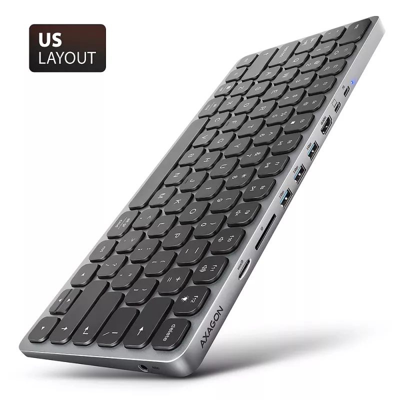 Axagon HMC-KB-US, hub USB 5Gbps con teclado, HDMI 4K/60Hz, 3x USB-A, SD/mSD, audio, PD 100, diseño US