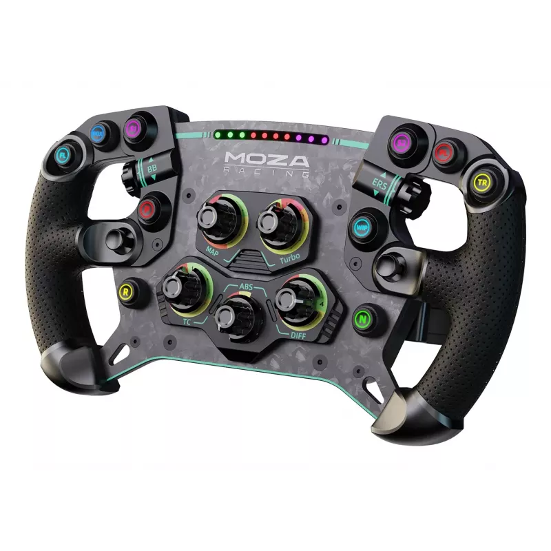 Volante Moza Racing GS V2P, volante, con cable e inalámbrico, negro, plástico reforzado con fibra de carbono (CFRP), fibra de carbono, cuero, microfibra, cierre rápido, batería