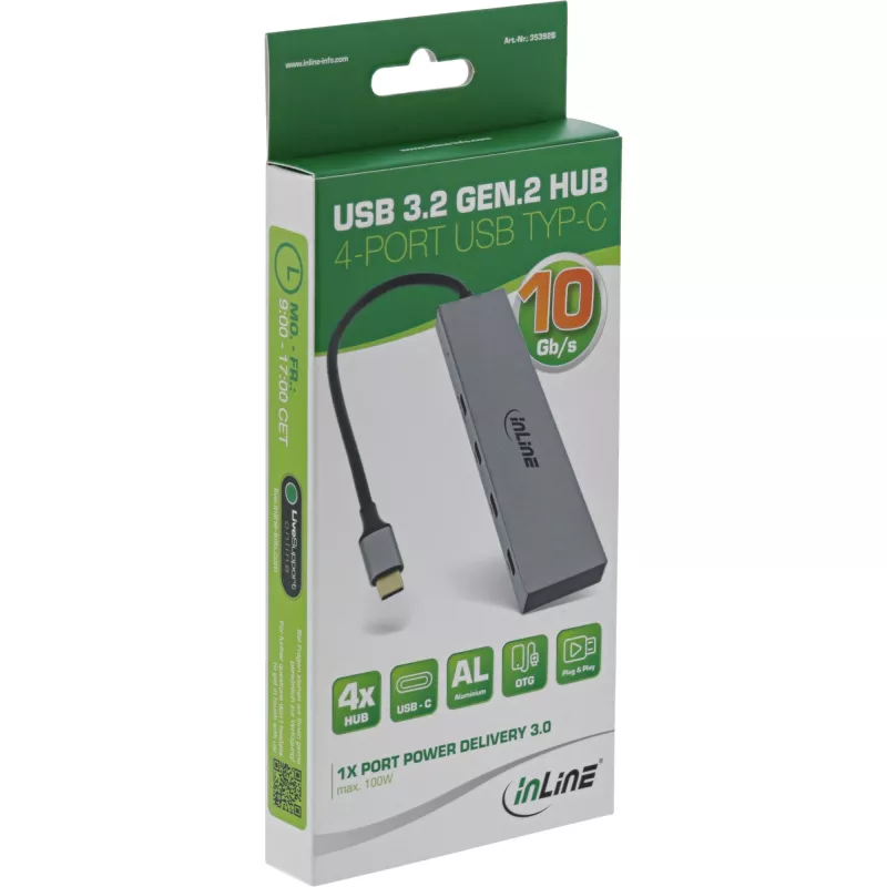 InLine Hub USB 3.2 Gen.2 (10 Gb/s), 4 puertos USB-C, OTG, carcasa de aluminio