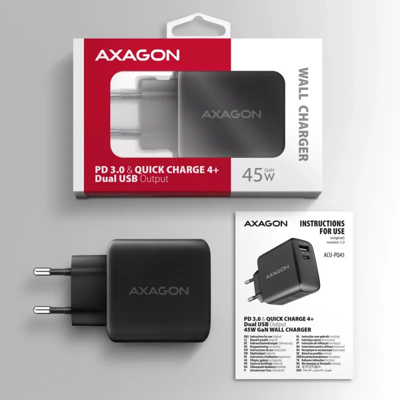 Cargador Axagon ACU-PQ45 QC 3.0 4.0 AFC FCP PPS PD 45W negro