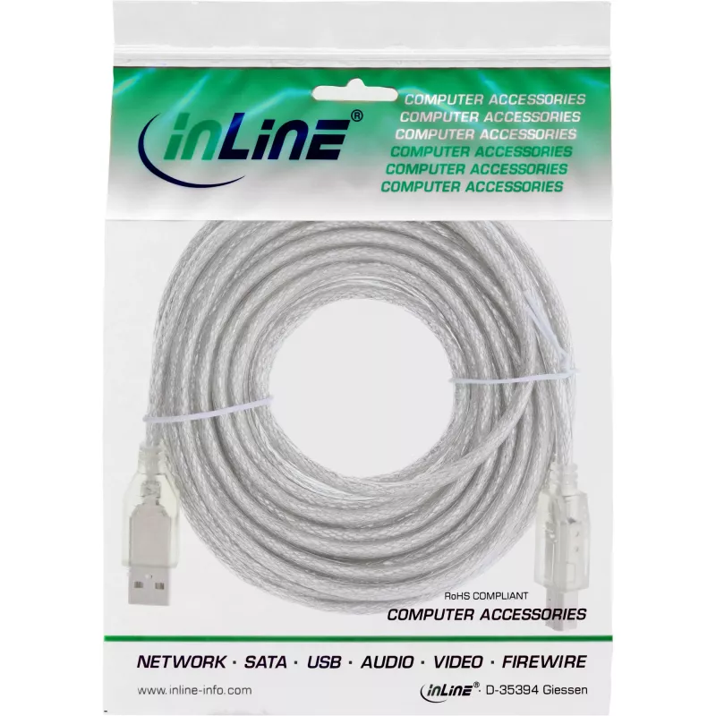 Cable InLine USB 2.0 Type-A macho / Type-B macho, transparente, 10 m