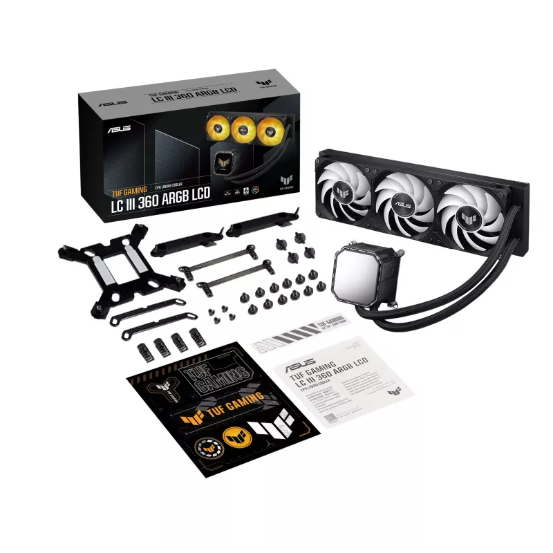 Refrigeración líquida todo en uno ASUS TUF Gaming LC III 360 ARGB LCD — radiador de 360 mm, 3 ventiladores de 120 mm, socket AM5/AM4/LGA1700/LGA1200, negro
